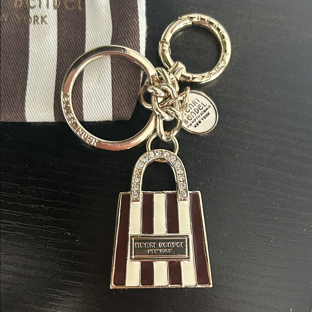 Henri Bendel Brown and White Striped Bag Keychain